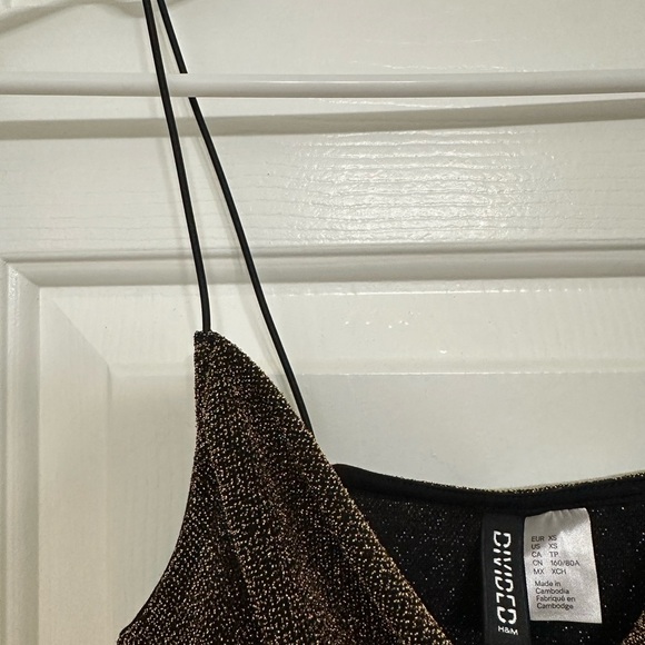 H&M Women’s Crop Top XS Gold Black Cowl-Neck Sparkly Glittery Strappy Stretchy - Picture 6 of 7